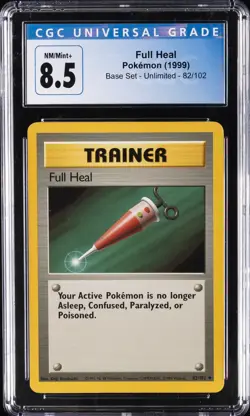 1999 POKEMON BASE SET - UNLIMITED #82/102 FULL HEAL CGC 8.5 - Image 1