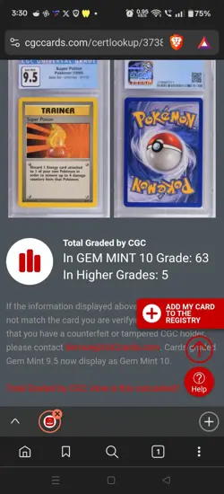 CGC 10 GEM MINT Super Potion 90/102 Base Set Pokemon Card Pop 63! - Image 3