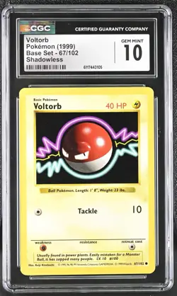 Pokemon Card Voltorb 67/102 Shadowless Base Set 1999 CGC 10 GEM MINT - Image 1