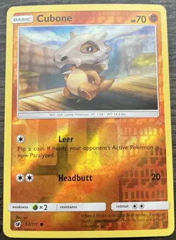 Cubone 52/111 Pokemon TCG Sun & Moon Crimson Invasion Reverse Holo Light Play LP - Image 1