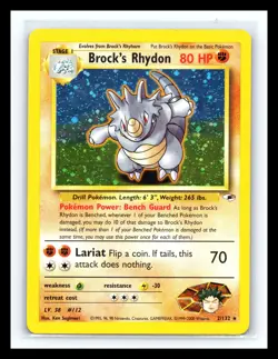 💥 BROCK'S RHYDON 2000 Gym Heroes Pokemon HOLO RARE # 2/132 Vintage Card - Image 1