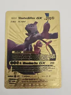Pokemon Mewtwo & Mew GX Tag Team 270hp Gold Foil Fan Art Collector Card TCG - Image 1