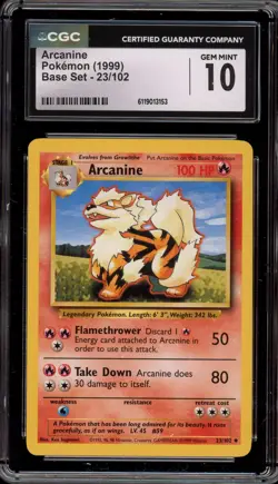 Pokemon Arcanine Base Set Unlimited #23 CGC 10 Gem Mint - Image 1