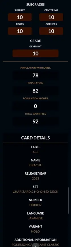 ACE 10 Perfect Subgrades Pikachu 008/032 Pokemon TCG Japanese Classic Graded - Image 3