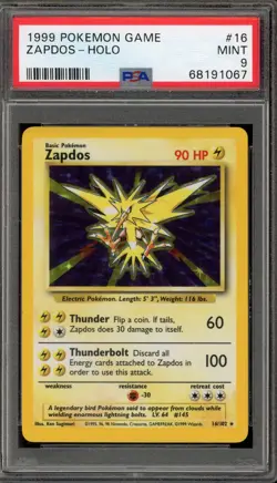 Pokemon Zapdos Base Set Unlimited Holo Rare #16 PSA 9 Mint - Image 1