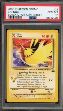 Pokemon Zapdos Movie 2000 Black Star Promo #23 AOKI ERROR PSA 10 Gem Mint - Image 1