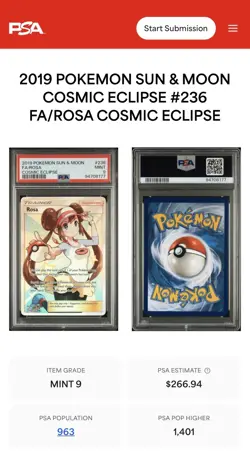 Pokemon Rosa Full Art 236/236 SM-Cosmic Eclipse Ultra Rare PSA 9 Holo Trainer - Image 1