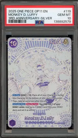 One Piece CCG Monkey.D.Luffy 3rd Anniversary Silver OP05-119 PSA 10 Gem Mint - Image 1