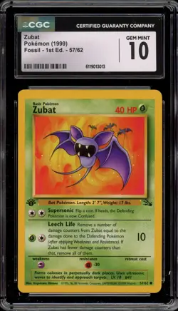 Pokemon Zubat Fossil 1st Edition #57 CGC 10 Gem Mint - Image 1