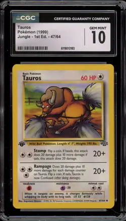 Pokemon Tauros Jungle 1st Edition #47 CGC 10 Gem Mint - Image 1