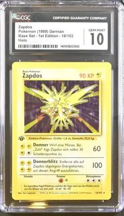 CGC 10 ZAPDOS HOLO 16 GERMAN BASE SET 1st EDITION 1999 POKEMON GEM MINT VINTAGE - Image 1