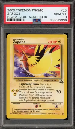 Pokemon Zapdos Movie 2000 Black Star Promo #23 AOKI ERROR PSA 10 Gem Mint - Image 1