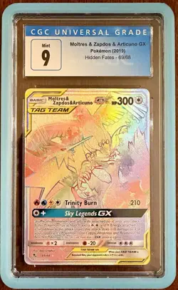 2019 Pokemon Sun Moon Moltres Zapdos Articuno GX Rainbow Hidden Fates CGC 9 Mint - Image 1