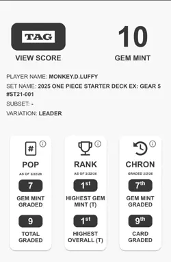 2025 One Piece TCG ST21-001 Monkey D. Luffy Gear 5 Luffy TAG 10/10 💎 Gem Mint💎 - Image 3