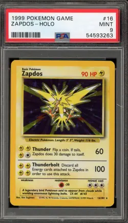 Pokemon Zapdos Base Set Unlimited Holo Rare #16 PSA 9 Mint - Image 1