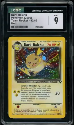 Pokemon 2000 Dark Raichu 83/82 Team Rocket Unlimited Holo Secret Rare CGC 9 Mint - Image 1