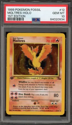 Pokemon Moltres Fossil 1st Edition Holo Rare #12 PSA 10 Gem Mint - Image 1