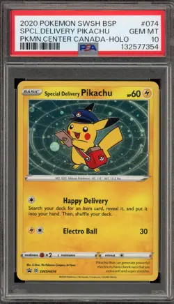 Pokemon Special Delivery Pikachu P.M. Center Canada Holo Promo SWSH074 PSA 10 - Image 1