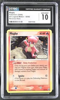 CGC 10 Magby 2006 EX Legend Maker 58/92 Reverse Holo Stamped Pokemon Card - Image 1