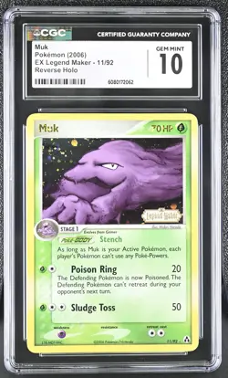CGC 10 GEM MINT Muk 2006 EX Legend Maker 11/92 Reverse Holo Stamped Pokemon Card - Image 1
