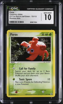 CGC 10 GEM MINT Paras EX Fire Red & Leaf Green 72/112 Reverse Holo Pokemon Card - Image 1
