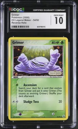 CGC 10 GEM MINT Grimer EX Legend Maker 54/92 Reverse Holo STAMPED Pokemon Card - Image 1
