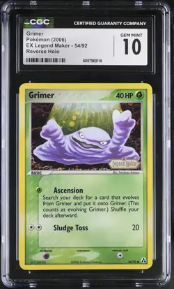 CGC 10 GEM MINT Grimer EX Legend Maker 54/92 Reverse Holo STAMPED Pokemon Card - Image 1