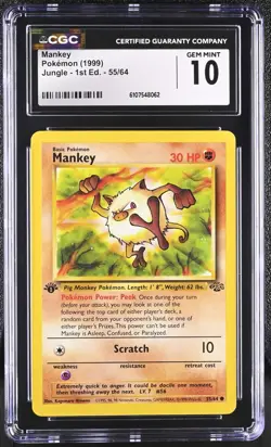 CGC GEM MINT 10 Pokemon Mankey 55/64 1999 Jungle 1st Edition - Image 1
