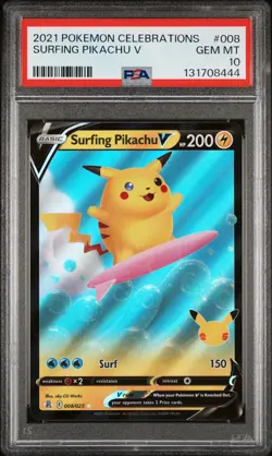 2021 POKEMON CELEBRATIONS #008/025 SURFING PIKACHU V PSA 10 - Image 1
