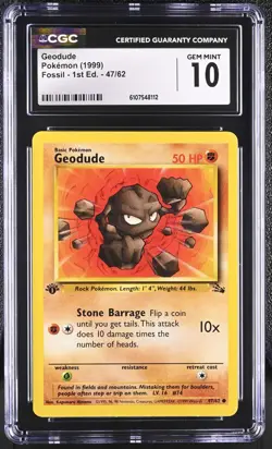 CGC GEM MINT 10 Pokemon Geodude 47/62 1999 Fossil 1st Edition - Image 1