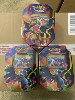 Pokemon TCG Mega Charizard X + Y ex Tins LOT OF 3 Brand New/Factory Sealed - Image 1