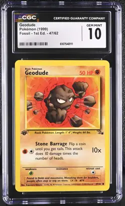 CGC GEM MINT 10 Pokemon Geodude 47/62 1999 Fossil 1st Edition - Image 1