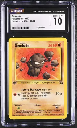 CGC GEM MINT 10 Pokemon Geodude 47/62 1999 Fossil 1st Edition - Image 1