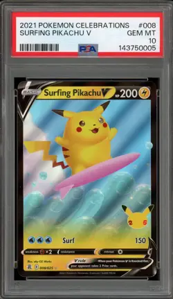 Pokemon Surfing Pikachu V Celebrations Holo Ultra Rare #008 PSA 10 Gem Mint - Image 1