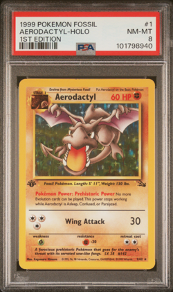 1999 POKEMON FOSSIL 1 AERODACTYL HOLO 1ST EDITION PSA 8 NM MT - Image 1