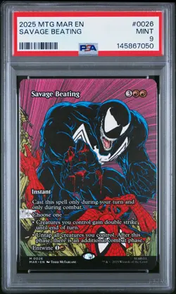 2025 MTG MARVEL'S SPIDER-MAN: SOURCE MAT #0026 SAVAGE BEATING PSA 9 - Image 1