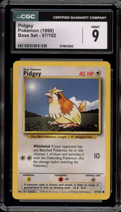 Pokemon Pidgey Base Set Unlimited #57 CGC 9 Mint - Image 1