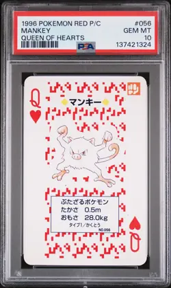 1996 POKEMON RED VERSION PLAYING CARDS QUEEN OF HEARTS #056 MANKEY PSA 10 - Image 1