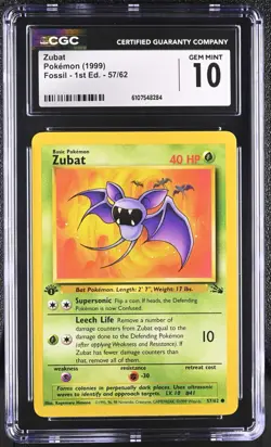 CGC GEM MINT 10 Pokemon Zubat 57/62 1999 Fossil 1st Edition - Image 1