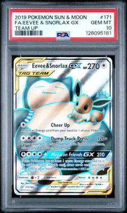 2019 POKEMON SUN & MOON TEAM UP #171 FULL ART/EEVEE & SNORLAX GX PSA 10 - Image 1