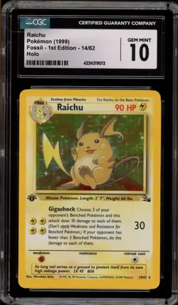 Pokemon Raichu Fossil 1st Edition Holo Rare #14 CGC 10 Gem Mint - Image 1