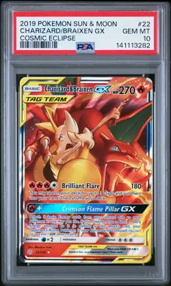 2019 POKEMON SUN & MOON COSMIC ECLIPSE #22 CHARIZARD & BRAIXEN GX PSA 10 - Image 1