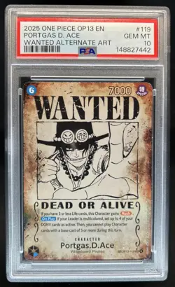 2025 One Piece Carrying On Will Portgas D Ace Wanted Alt Art #OP13-119 PSA 10 - Image 1