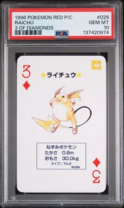 1996 POKEMON RED VERSION PLAYING CARDS 3 OF DIAMONDS #026 RAICHU PSA 10 - Image 1