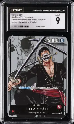 2022 ONE PIECE PREM COLL 25TH ANV JPN MANGA ALT ART #OP01-001 RORONOA ZORO CGC 9 - Image 1