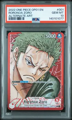 2022 ONE PIECE OP01-ROMANCE DAWN ALTERNATE ART #001 RORONOA ZORO PSA 10 - Image 1