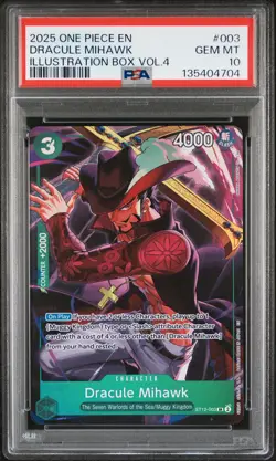 2025 ONE PIECE PROMOS ILLUSTRATION BOX VOL.4 #003 DRACULE MIHAWK PSA 10 - Image 1