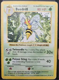 Pokemon Beedrill 80 HP Rare Base Set Shadowless 17/102 1999 Wizards - Image 1