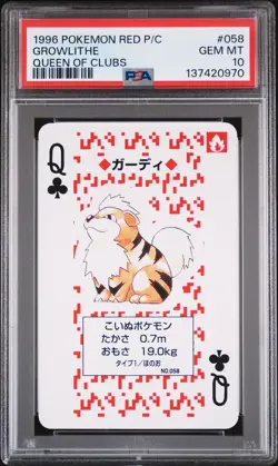 1996 POKEMON RED VERSION PLAYING CARDS QUEEN OF CLUBS #058 GROWLITHE PSA 10 - Image 1