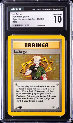 2000 POKEMON GYM HEROES 1ST ED HOLO #17/132 LT. SURGE CGC 10 GEM MINT - Image 1